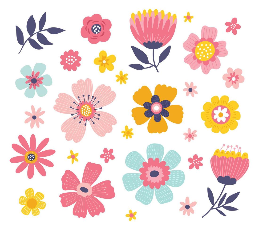 lindo conjunto colorido de elementos florales vectoriales. colección primaveral de flores y plantas en colores vivos. vector