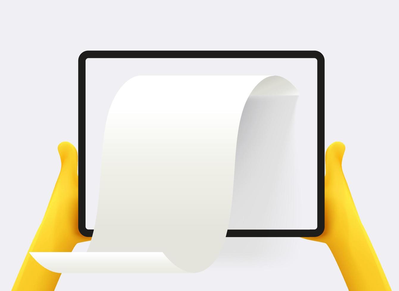 Man holding tablet computer with paper report. 3d vector illustration