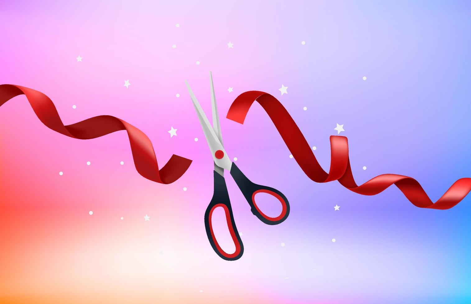 Scissors cutting red satin ribbon. 3d vector illustration