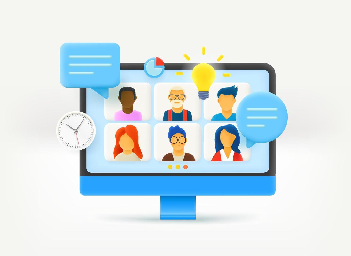 Using modern computer for online video conference. Teamwork concept. 3d vector illustration