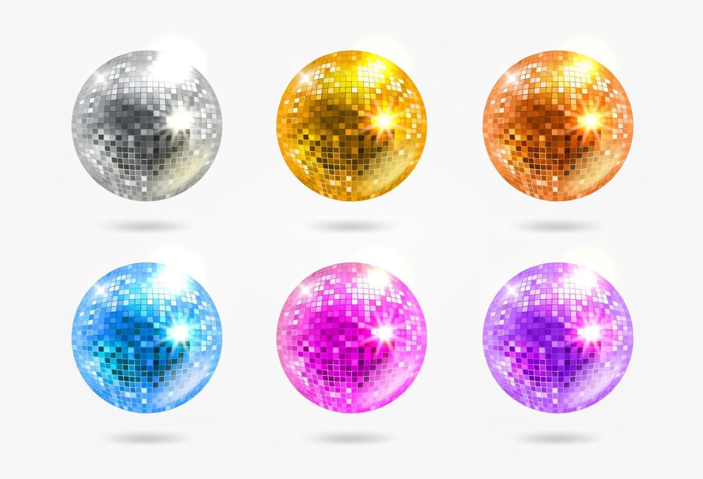 Bright glowing disco balls set isolated on white background. Vector 3d illustration