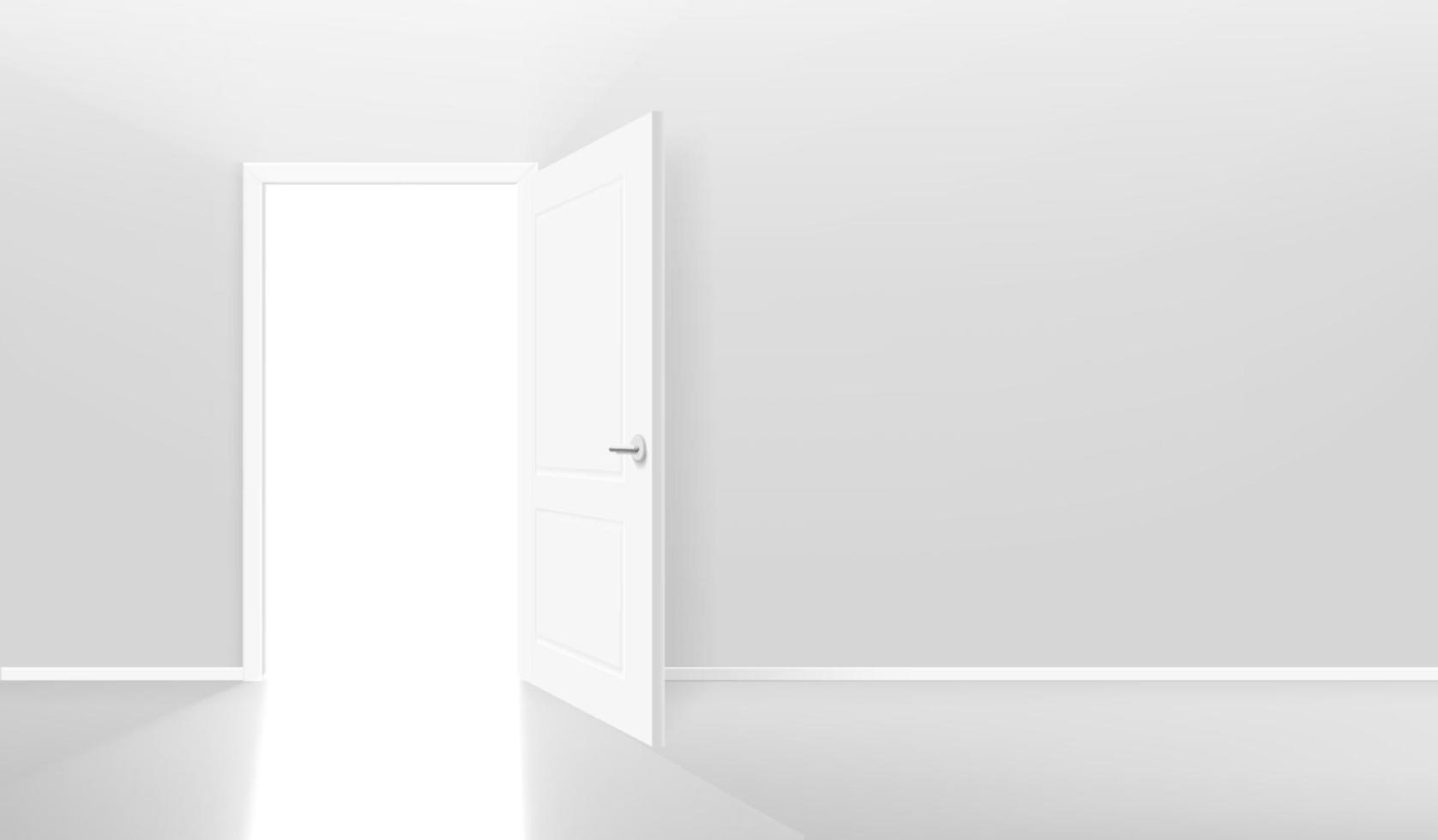puerta abierta en la pared. banner de vector de estilo 3d realista con espacio de copia