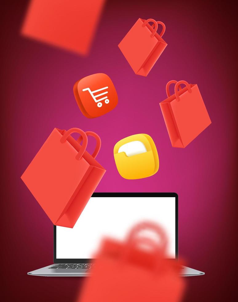 Online shopping concept. 3d vector illustration with laptop