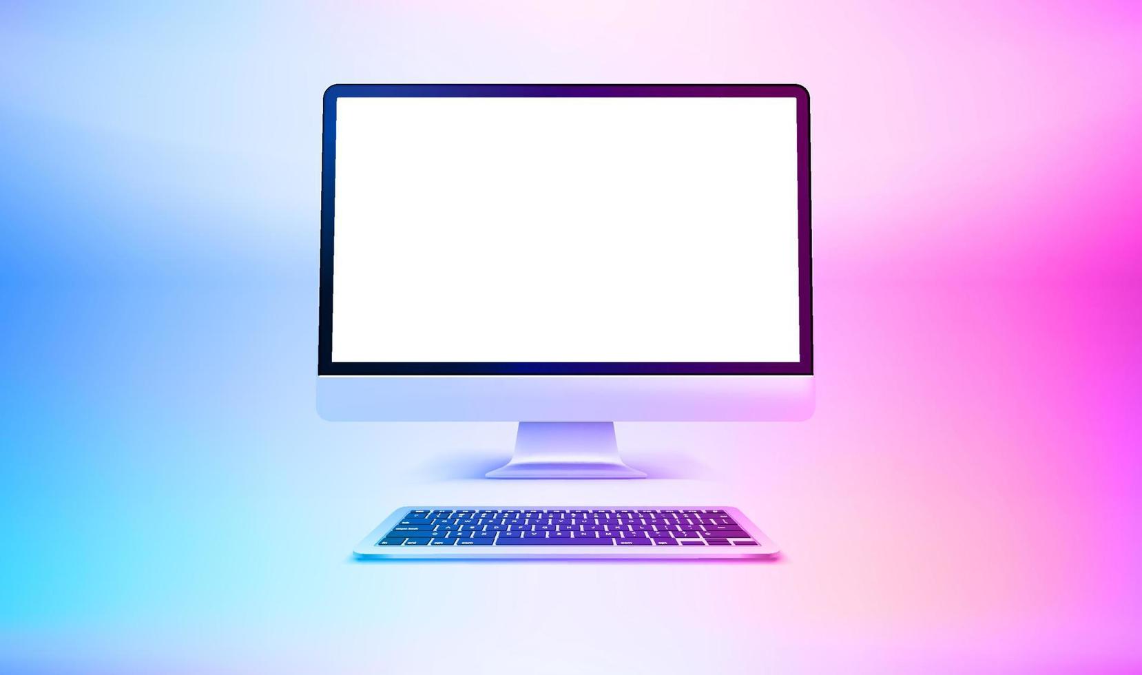 Modern personal computer with keyboard. 3d vector mockup with blank screen. Holographic effect