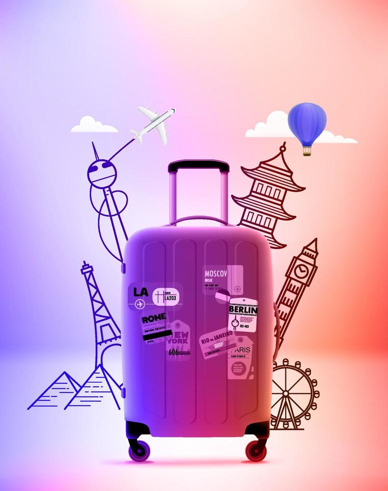 Baggage with world sights silhouettes. 3d vector illustration