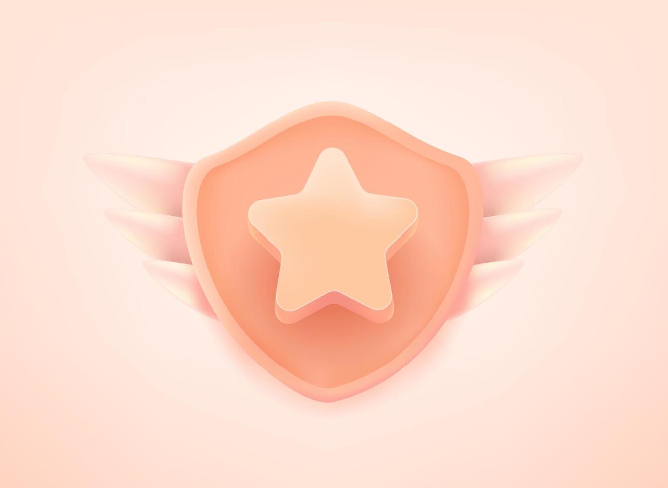 Rating label icon with star on a shield with wings. 3d vector illustration