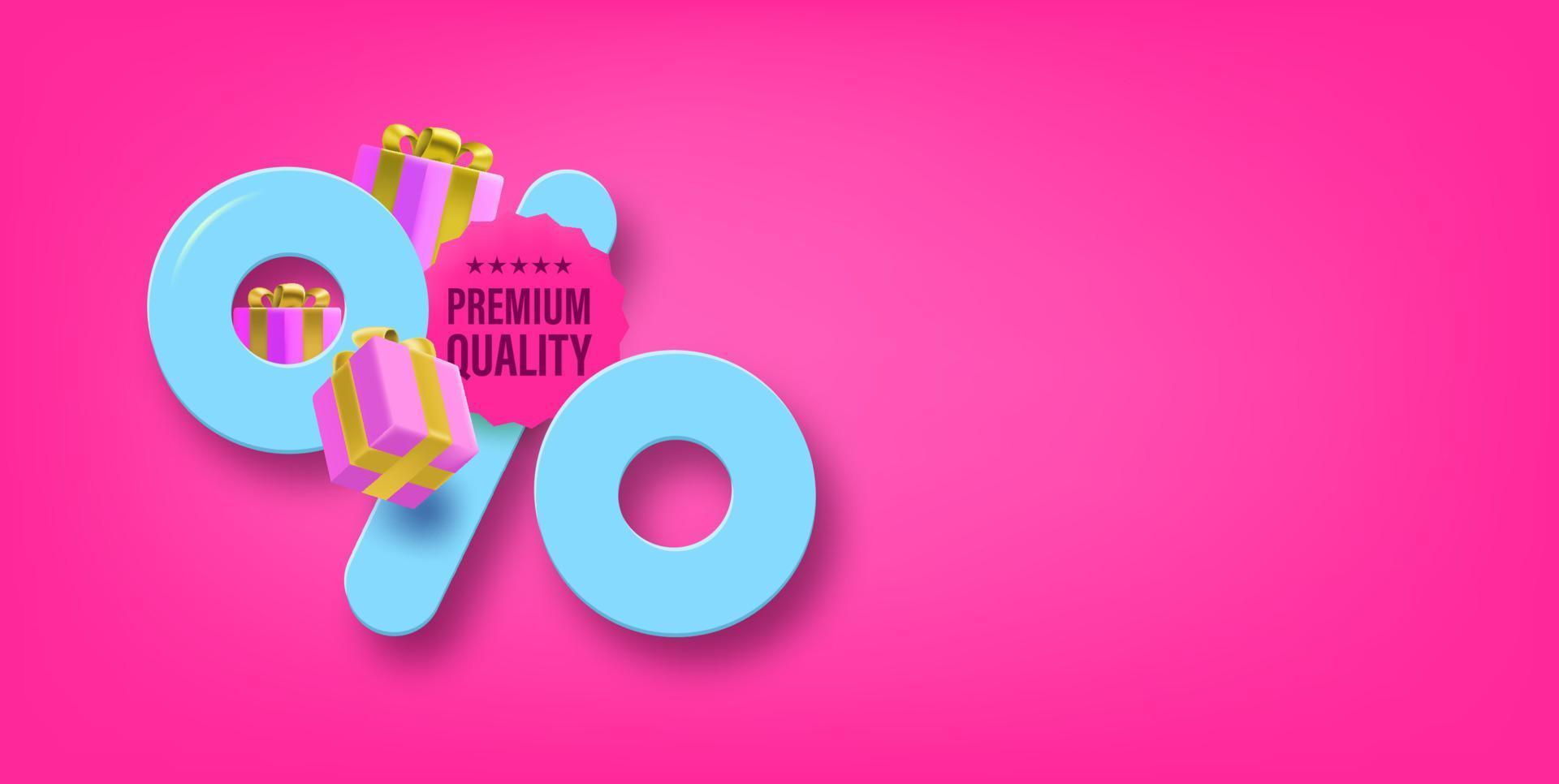 etiqueta de oferta de compra con signo de porcentaje y pegatina de calidad superior. Banner vectorial 3d con espacio de copia para un texto vector