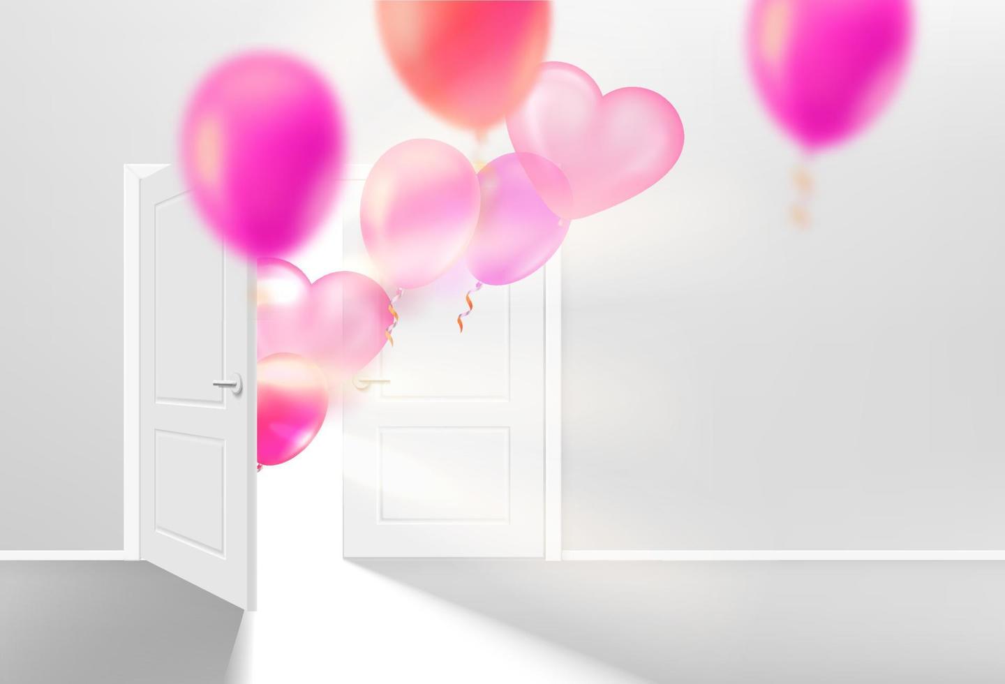 Opened door in bright interior with flying color air balloons. 3d vector illustration