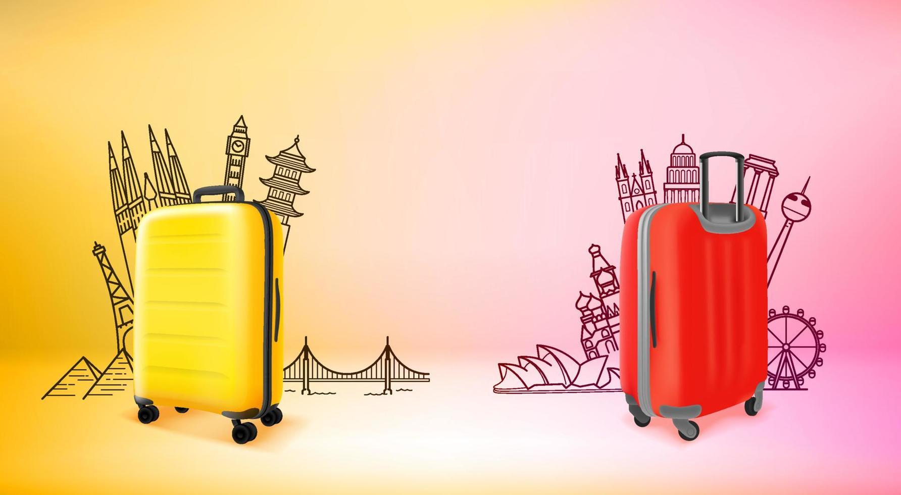 Two travel suitcases with world sights silhouettes. 3d vector illustration