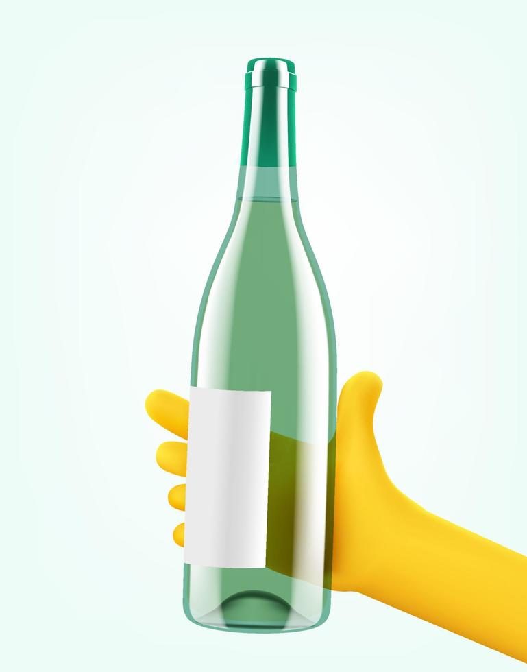 hombre sosteniendo una botella llena de vino blanco en una botella verde. ilustración vectorial 3d vector