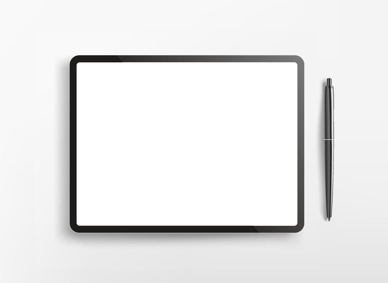 Modern tablet computer with blank screen and black pen. Flat lay 3d vector illustration isolated on white background