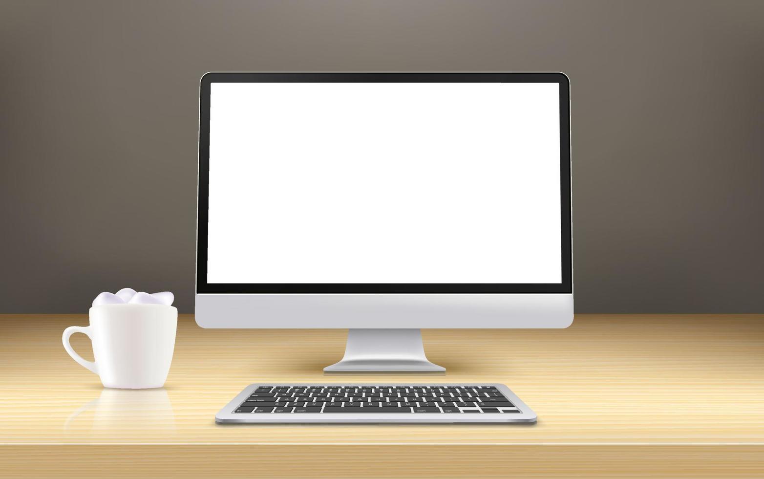 computadora moderna con pantalla en blanco en una mesa de espejo de madera. Banner de vector 3d con espacio de copia