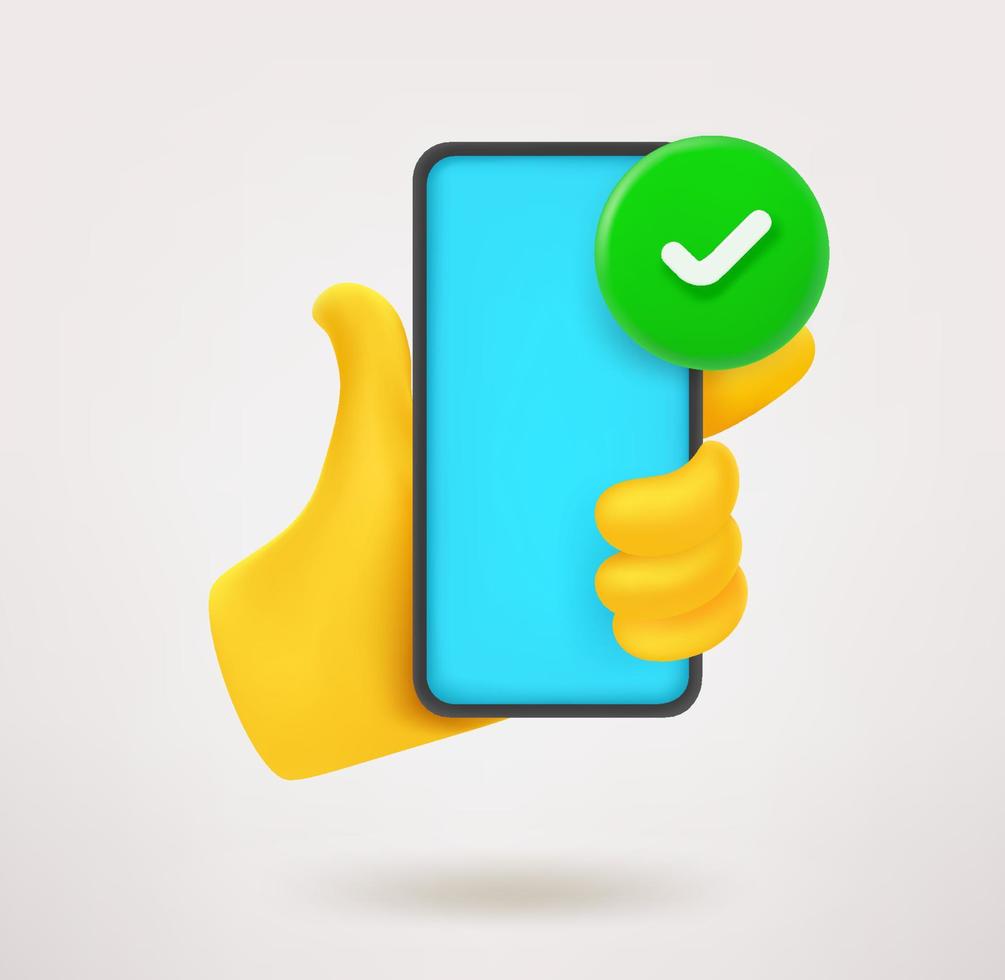 Phone in a hand icon with checkmark. 3d vector icon