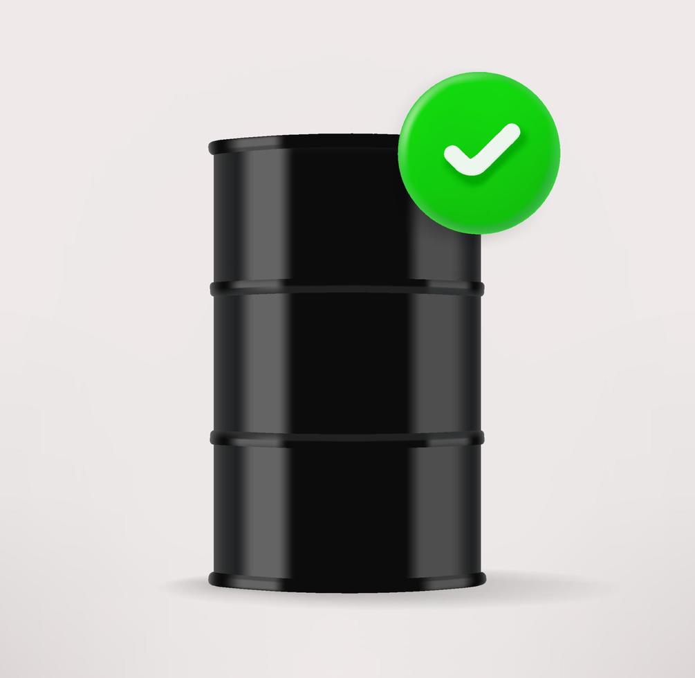 Oil barrel icon with checkmark. 3d vector icon