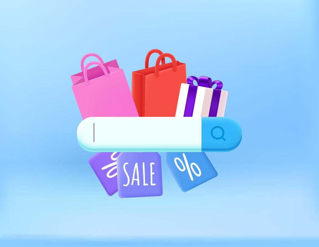 Searching for season discounts in internet. 3d vector concept