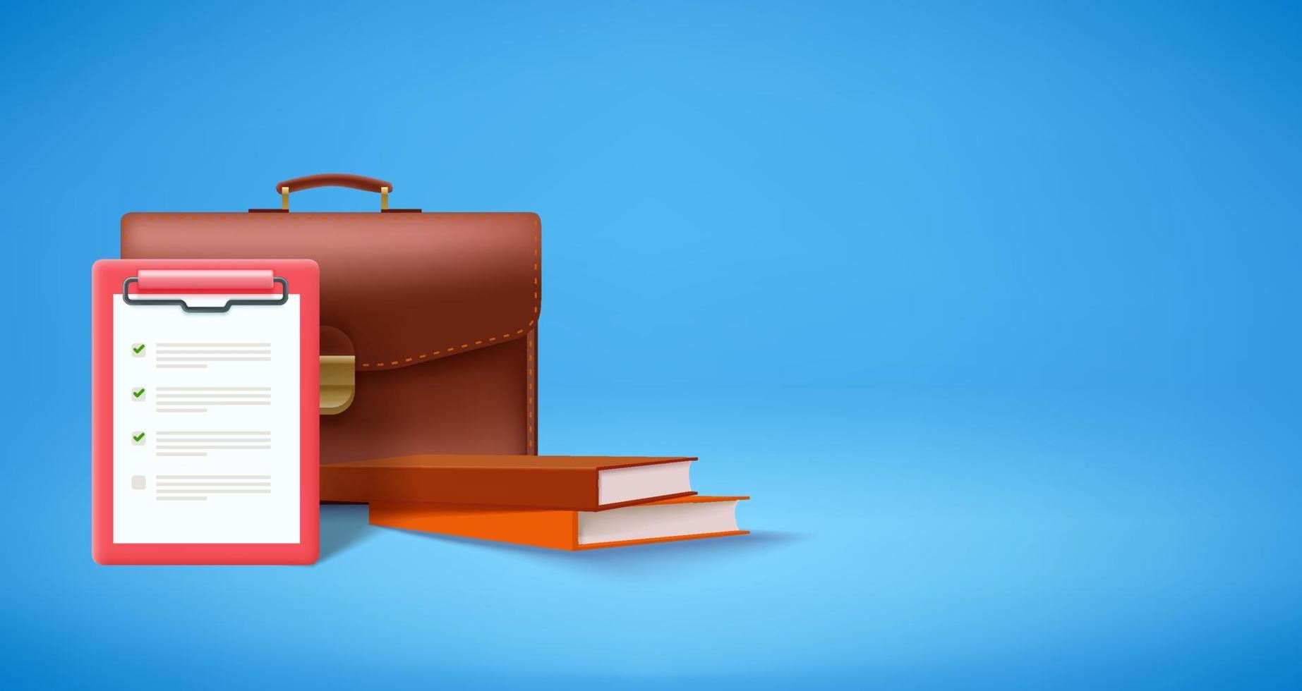 Briefcase with contract and books. 3d vector banner with copy space