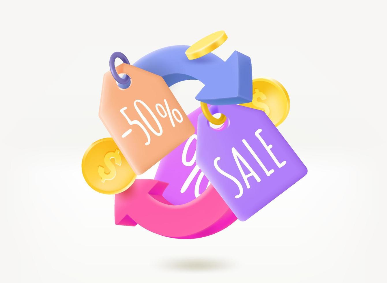 Shopping cashback concept with shopping tags and money. 3d vector illustration