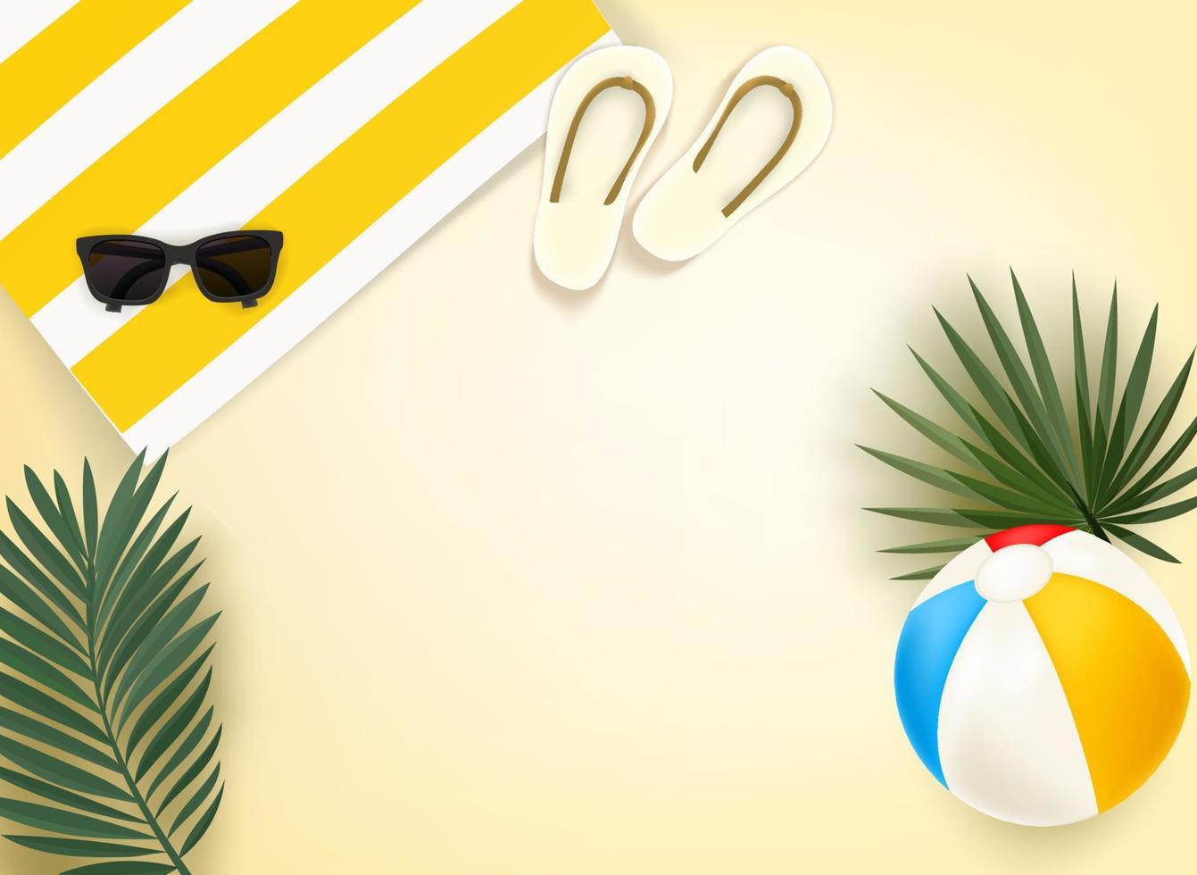 Travelers things on a beach. Sunglasses, towel with stripes, beach ball, palm leaves and slippers on a sand. 3d vector illustration with copy space for a text