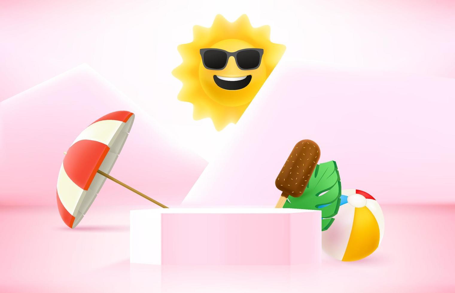 Summer season banner with copy space. Studio showcase with summer accessories. 3d vector illustration
