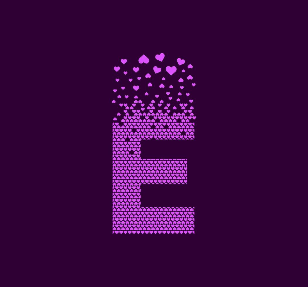 Heart letter E animated pixel dot logo. Capital letter pixel up. Hearts are filled with the letter E. Complementary and integrative pixel movement. Modern heart connect the dots. vector