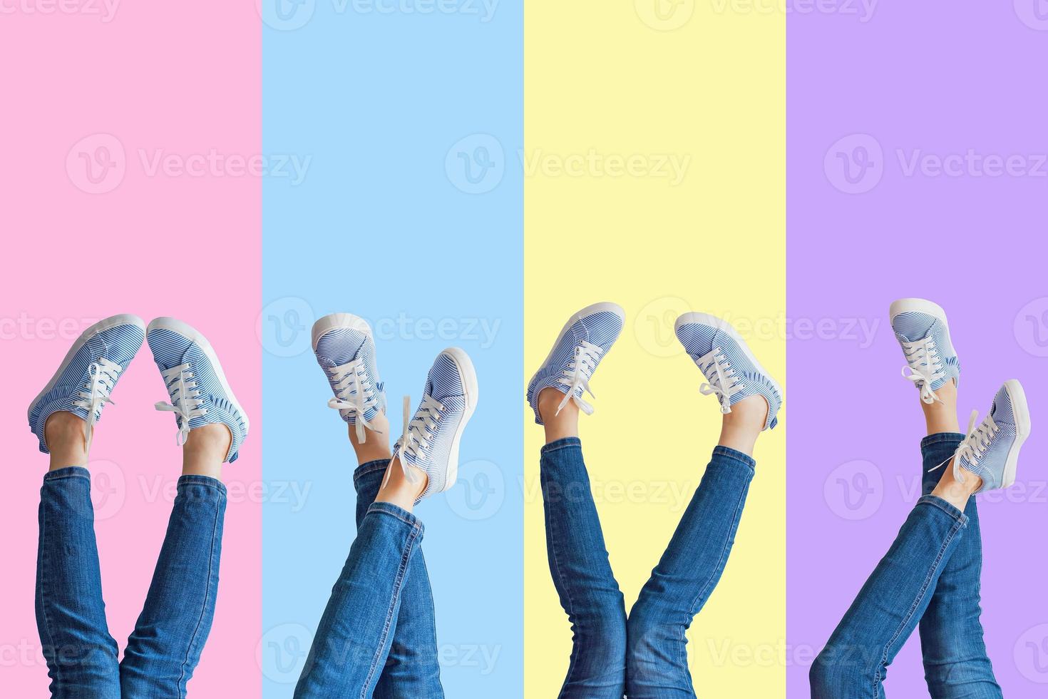 Collage of female legs in jeans and sneakers on colored background photo
