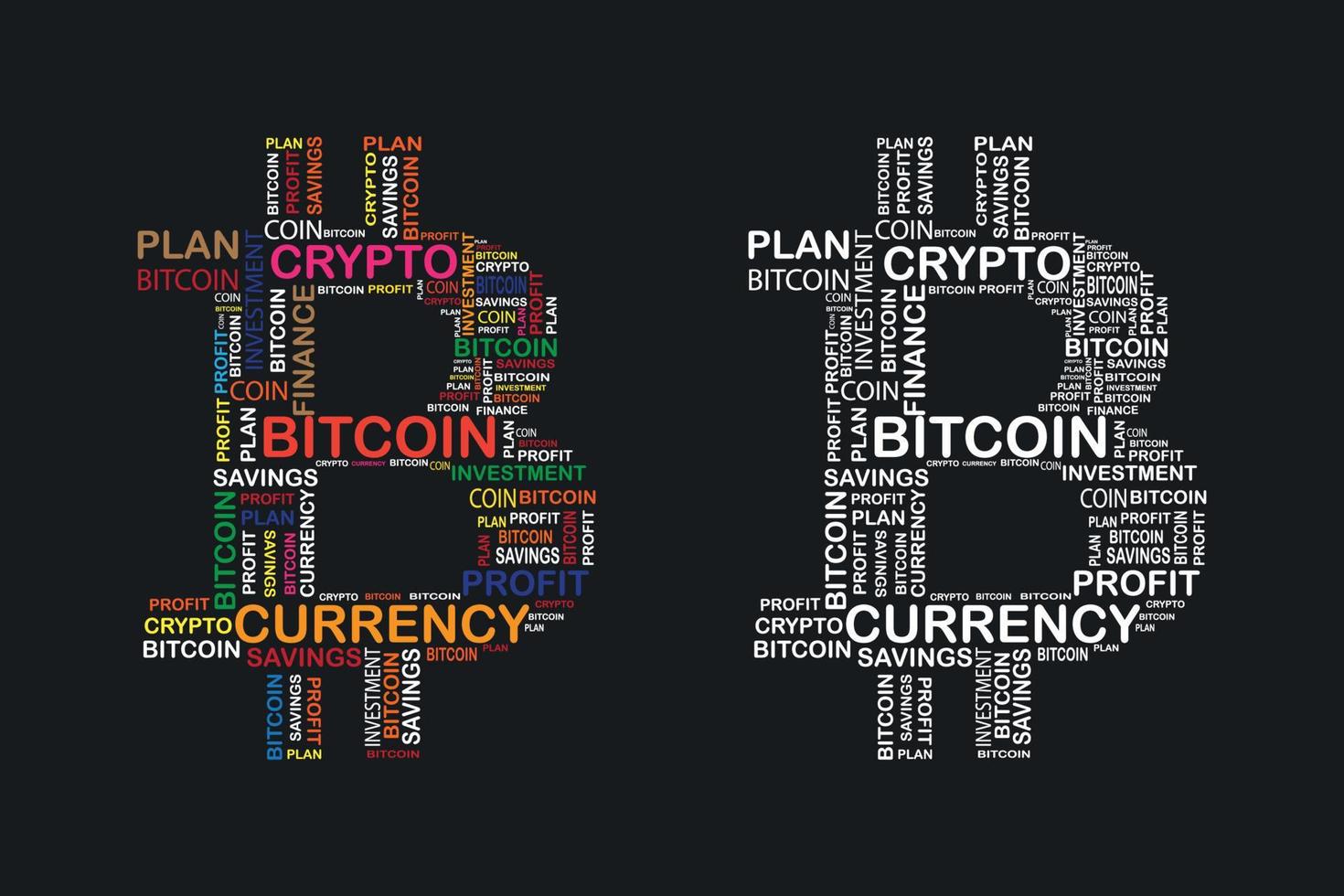 bitcoin, vector de diseño de camiseta de nube de palabras de criptomoneda.