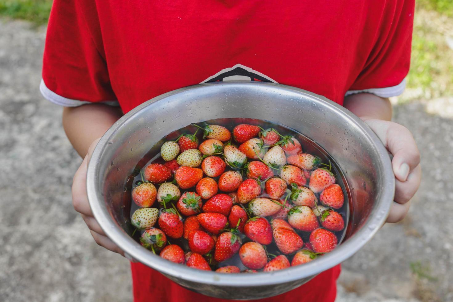 fruta fresca de fresa en un tazón a mano foto