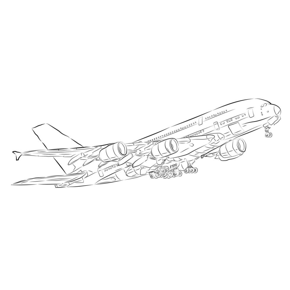 Drawing of a passenger plane with unmounted landing gear. The concept of aerial aviation. vector