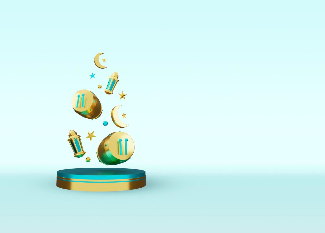 Islamic sale display podium decoration background with lantern, drum. Design concept of ramadan kareem, iftar, isra miraj, eid al fitr adha, muharram, copy space text, 3D illustration. photo