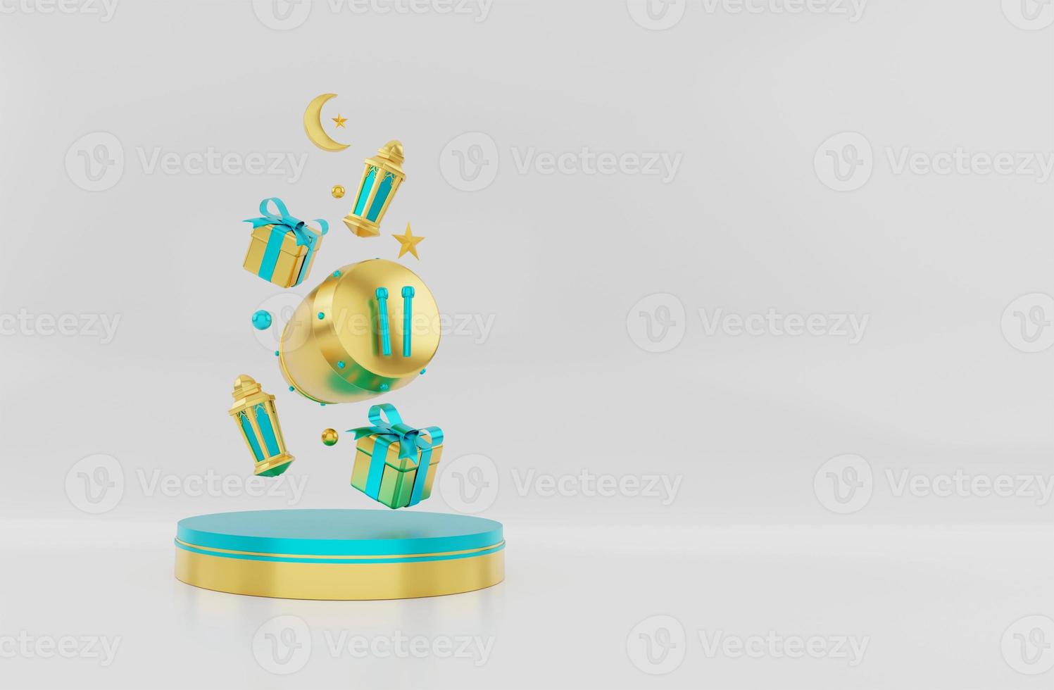 banner de venta islámica, caja de regalo, linterna, luna, estrella y tambor. concepto de diseño de ramadan kareem, iftar, isra y miraj o eid al fitr adha, área de texto del espacio de copia, ilustración 3d. foto