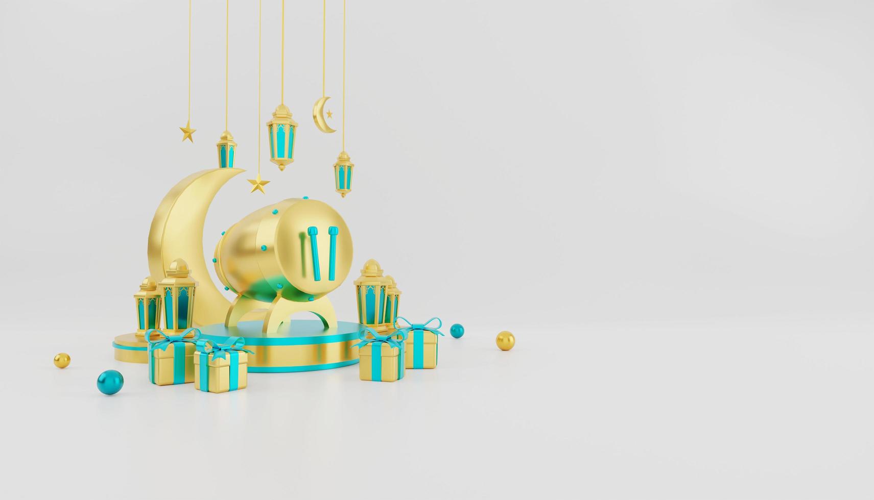 Gold Islamic sale podium decoration background with lantern, drum, moon and gift box. Design concept of ramadan kareem, iftar, isra miraj, eid al fitr adha, muharram, copy space text, 3D illustration. photo