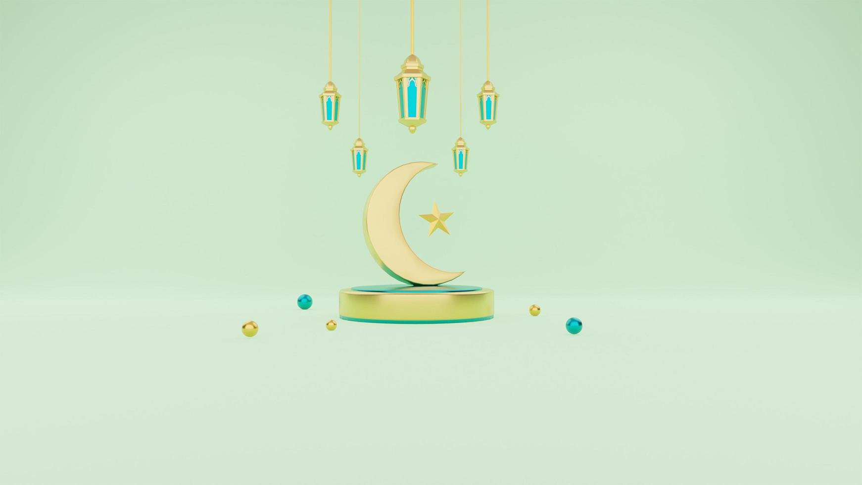 saludos islámicos de ramadán, composición con linterna árabe 3d y luna creciente en el podio foto