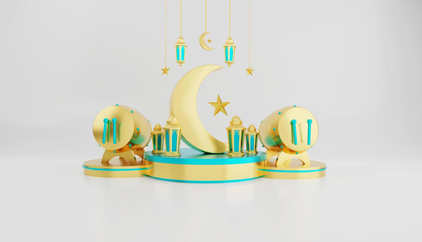 fondo de decoración de podio de exhibición islámica con luna, linterna y tambor. concepto de diseño ramadan kareem, iftar, isra miraj, eid al fitr adha, muharram, copiar texto espacial, ilustración 3d. foto