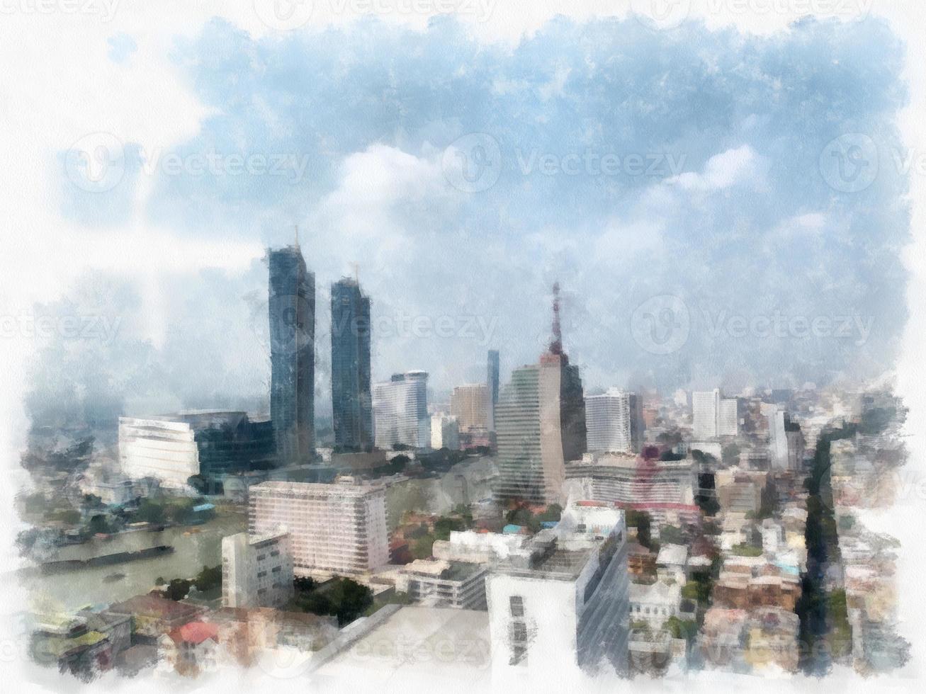 Landscape of tall buildings and streets in Bangkok watercolor style illustration impressionist painting. photo
