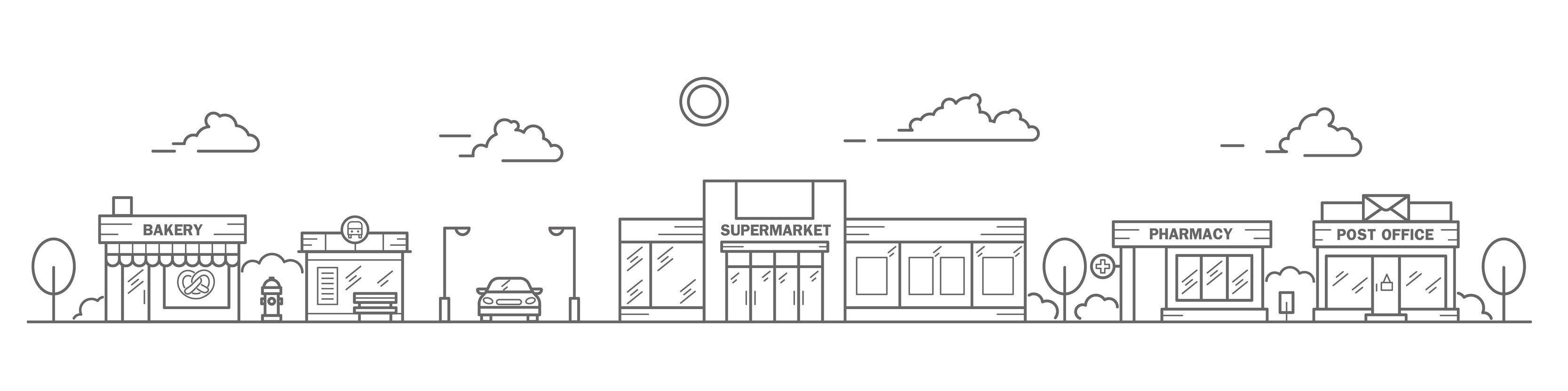 horizonte de la ciudad en estilo de arte lineal. paisaje con casas adosadas de panadería, parada de autobús, supermercado, farmacia y oficina de correos. panorama horizontal de la calle. ilustración vectorial vector