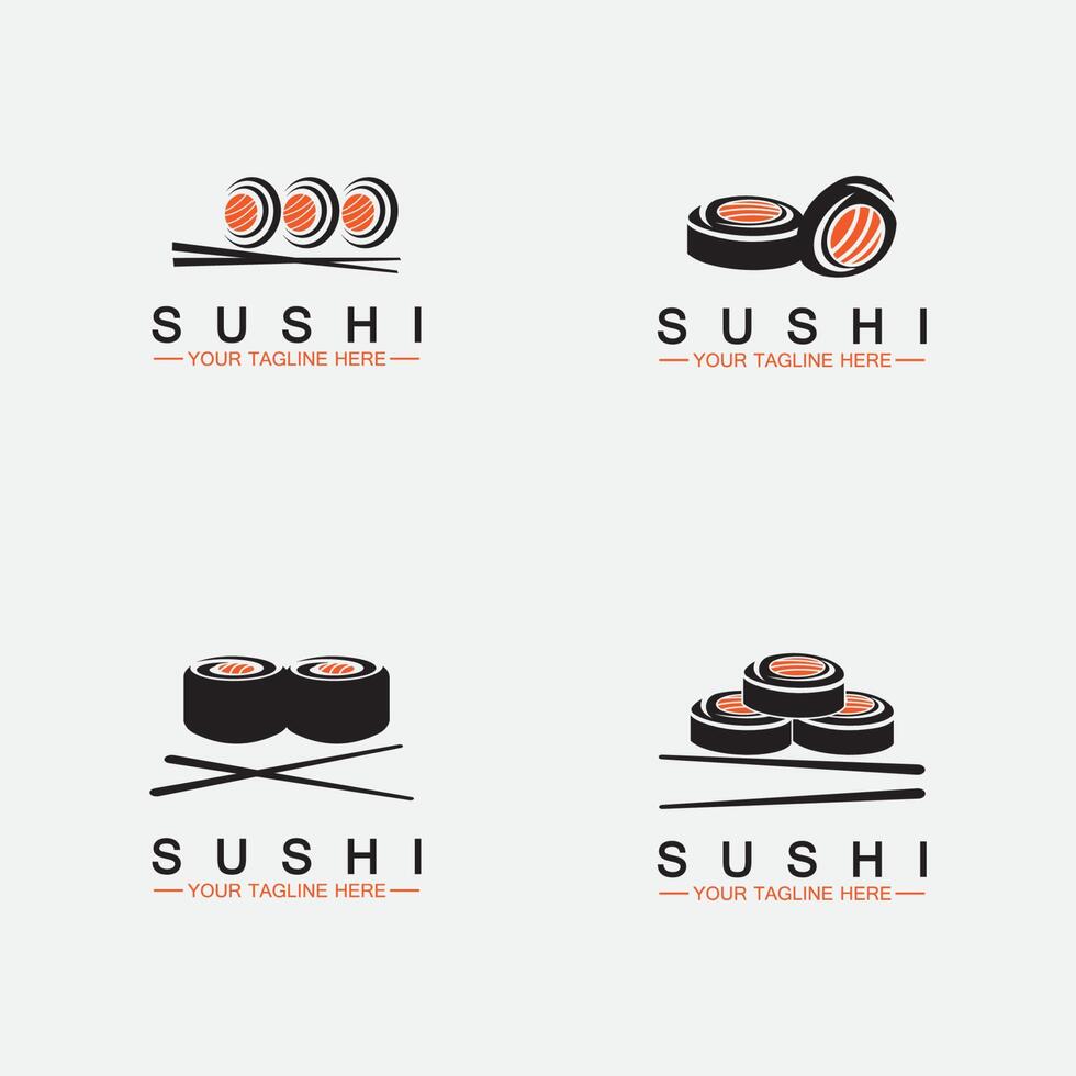 establecer plantilla de logotipo de sushi. barra de ilustración de estilo de icono vectorial o tienda, sushi, rollo de salmón, sushi y rollos con barra de palillos o plantilla de logotipo de vector de restaurante