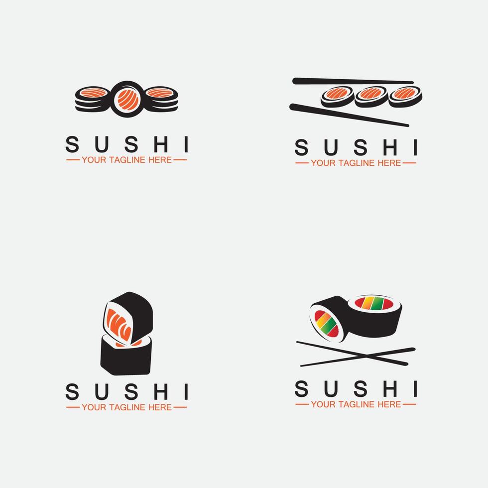 establecer plantilla de logotipo de sushi. barra de ilustración de estilo de icono vectorial o tienda, sushi, rollo de salmón, sushi y rollos con barra de palillos o plantilla de logotipo de vector de restaurante