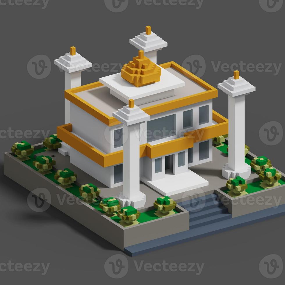 Representación 3d de voxel de la ilustración de la mezquita con un esquema de color verde, amarillo, blanco y gris. perfecto para eventos islámicos y carteles de tarjetas de felicitación foto