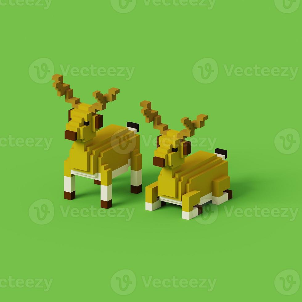 3d rendering voxel cube isometric deers animal isolated on green background photo