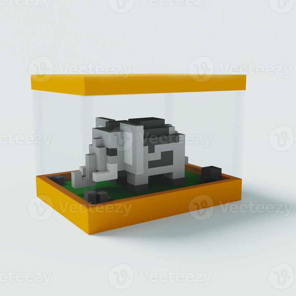 3d rendering voxel cube isometric elephant animal in the yellow transparent box photo