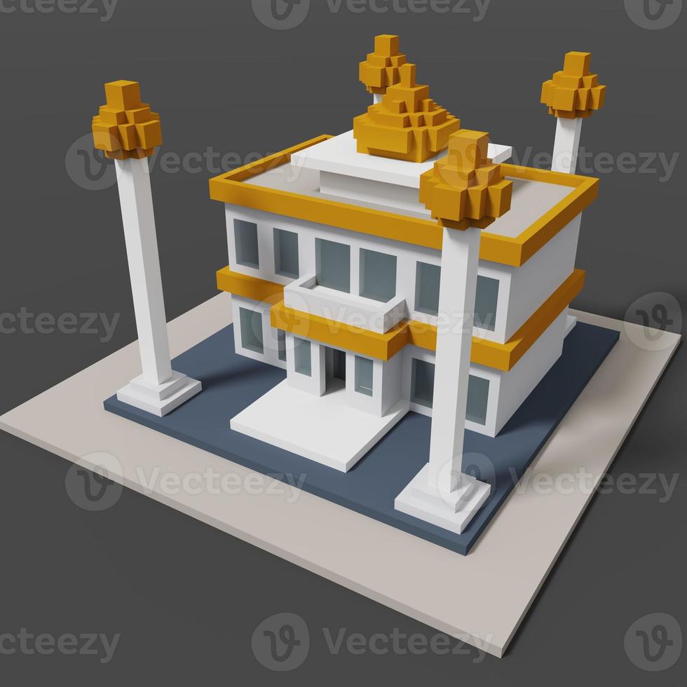 Representación 3d de voxel de la ilustración de la mezquita con un esquema de color amarillo, blanco y gris. perfecto para eventos islámicos y carteles de tarjetas de felicitación foto