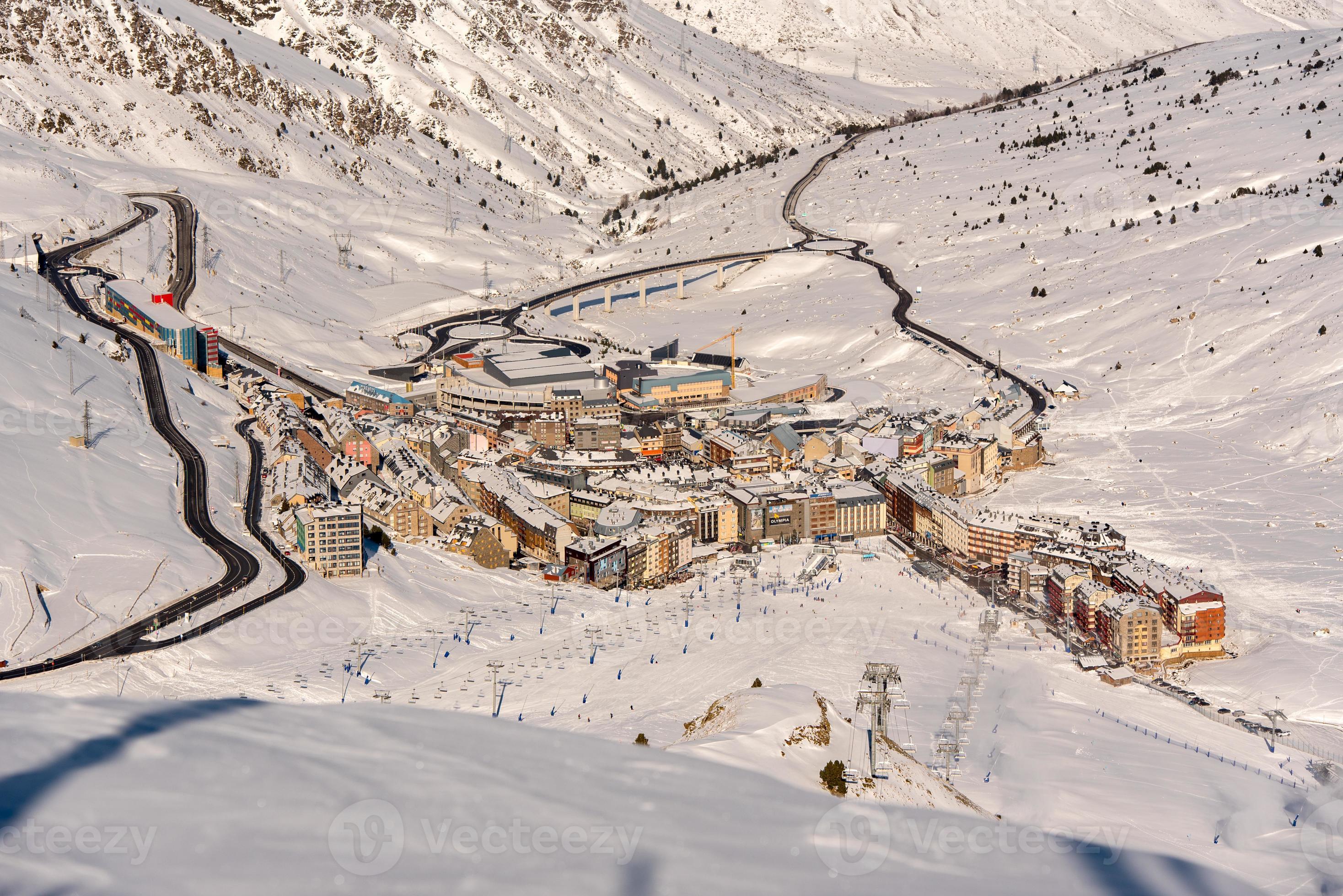 View of the city of Montana Pas de la Casa in the Pyrenees at the Grandvalira ski resort in