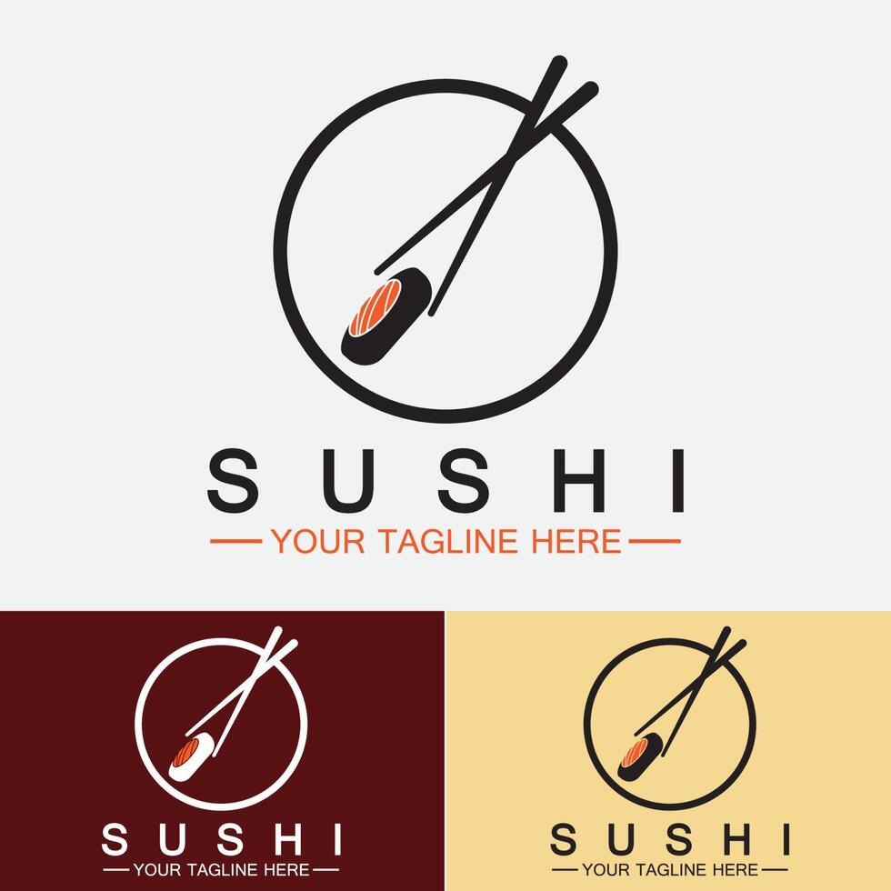 plantilla de logotipo de sushi. barra de ilustración de estilo de icono vectorial o tienda, sushi, rollo de salmón, sushi y rollos con barra de palillos o plantilla de logotipo de vector de restaurante