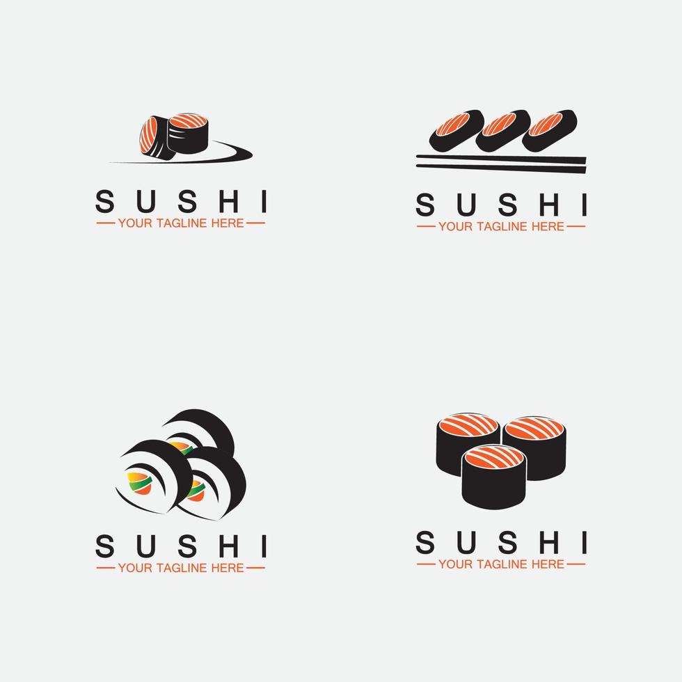 establecer plantilla de logotipo de sushi. barra de ilustración de estilo de icono vectorial o tienda, sushi, rollo de salmón, sushi y rollos con barra de palillos o plantilla de logotipo de vector de restaurante