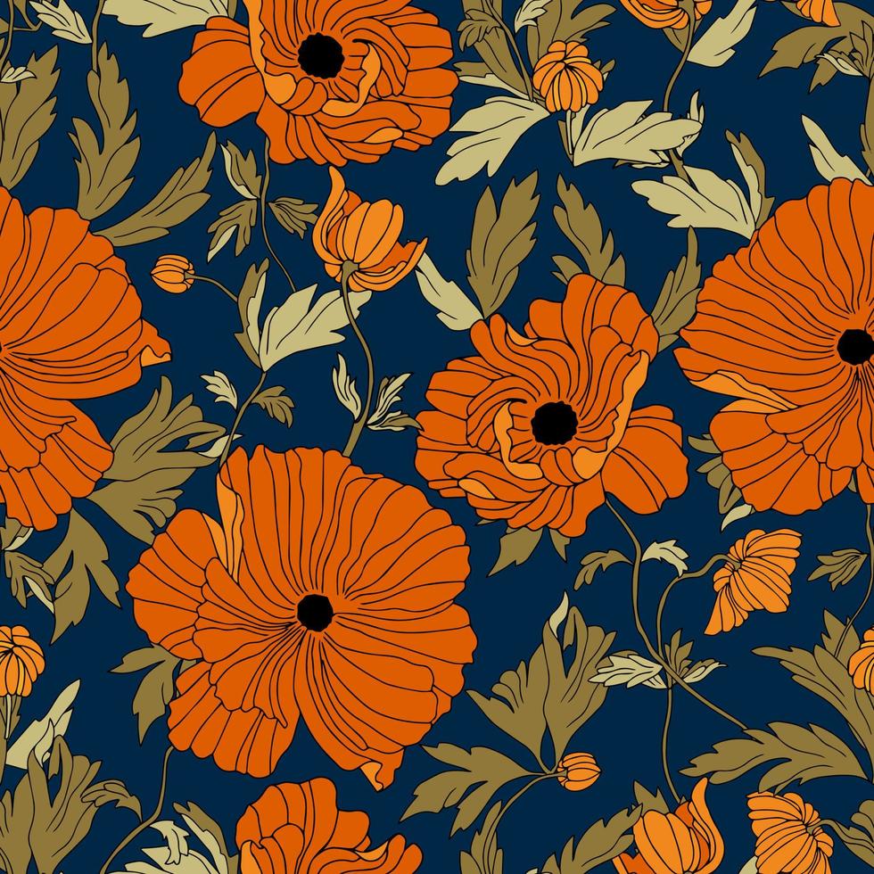 vector seamless pattern flowers of poppies with leaves. Botanical illustration for wallpaper, textile, fabric, clothing, paper, postcards