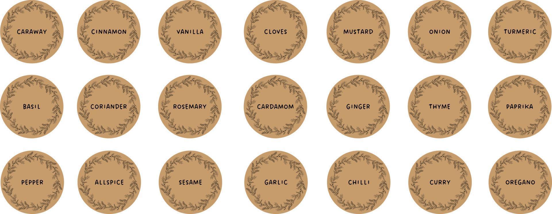 Vector set isolated food labels or stickers. Use to label kitchen food containers with spices. Labels, stickers, homemade stickers, botanical frame and spice name in English