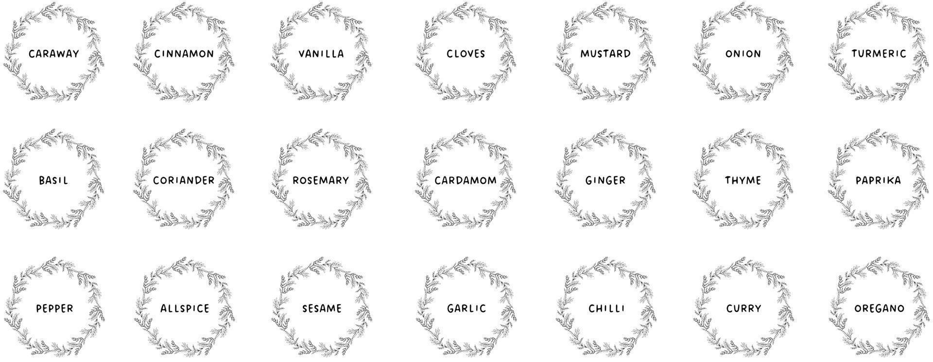 Vector set isolated food labels or stickers. Use to label kitchen food containers with spices. Labels, stickers, homemade stickers, botanical frame and spice name in English