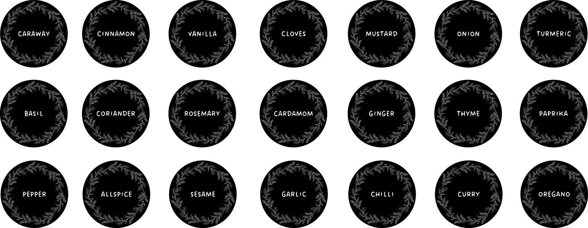 Vector set isolated food labels or stickers. Use to label kitchen food containers with spices. Labels, stickers, homemade stickers, botanical frame and spice name in English
