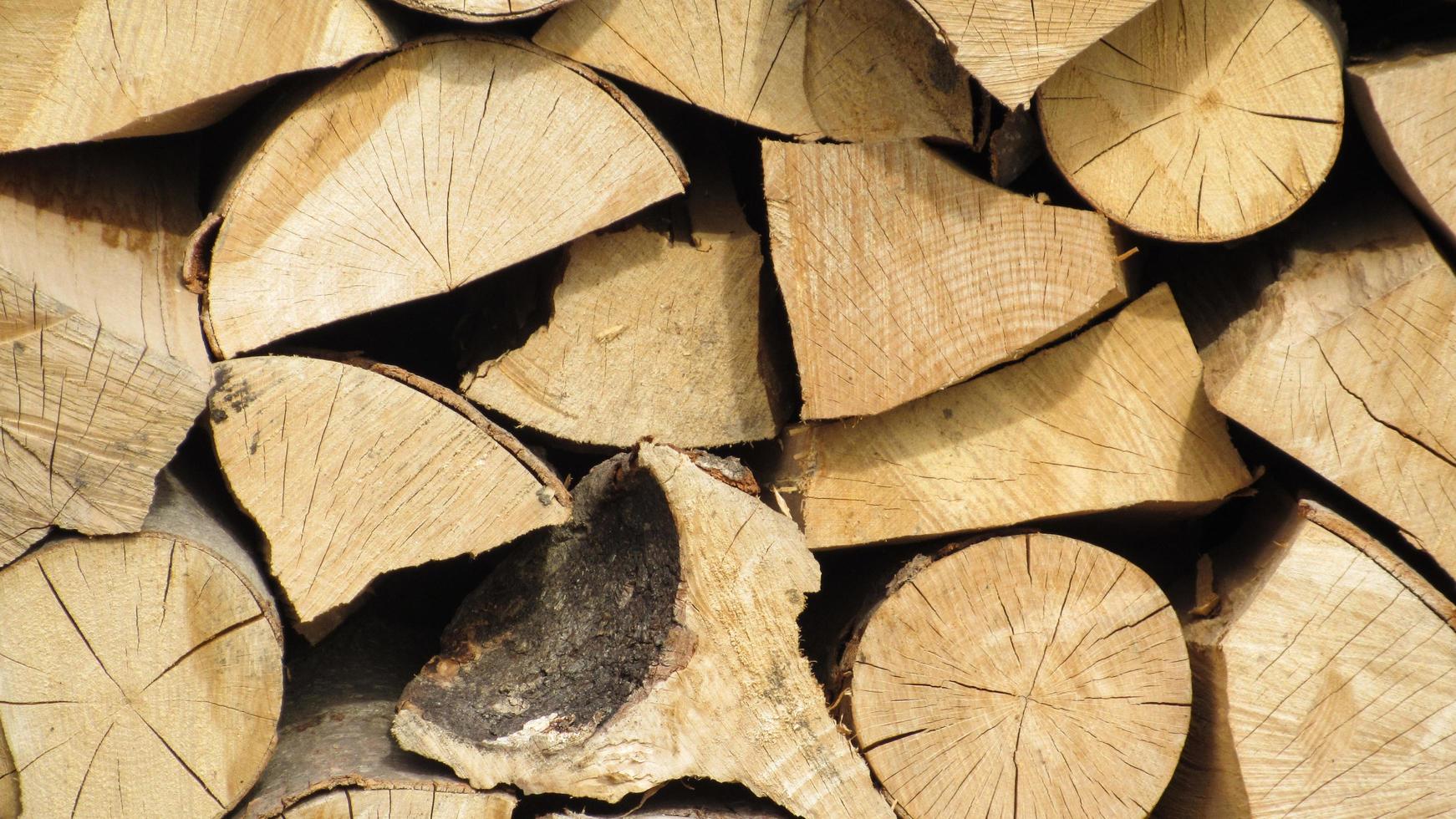 stack of firewood. Chopped wooden logs stacked in the woodpile photo