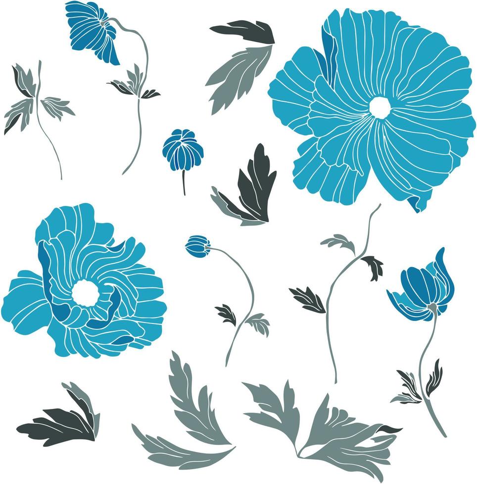 conjunto vectorial de flores de amapola con hojas. ilustración botánica para papel tapiz, textil, tela, ropa, papel, postales vector